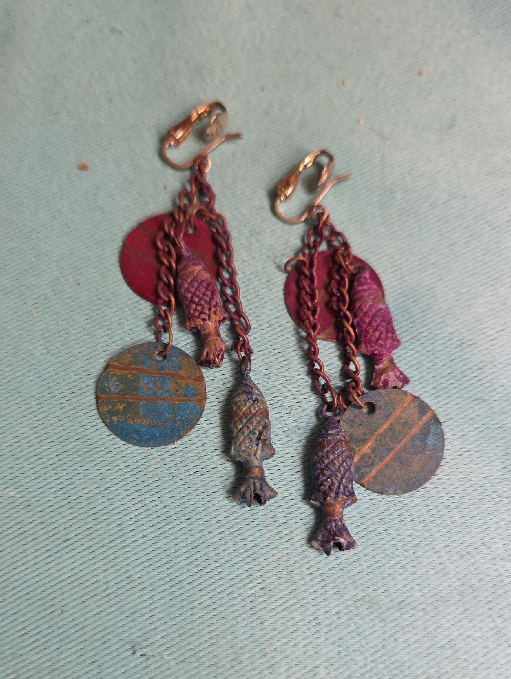 Boho Fish Charm Drop Clip On Earrings - Purple and Blue